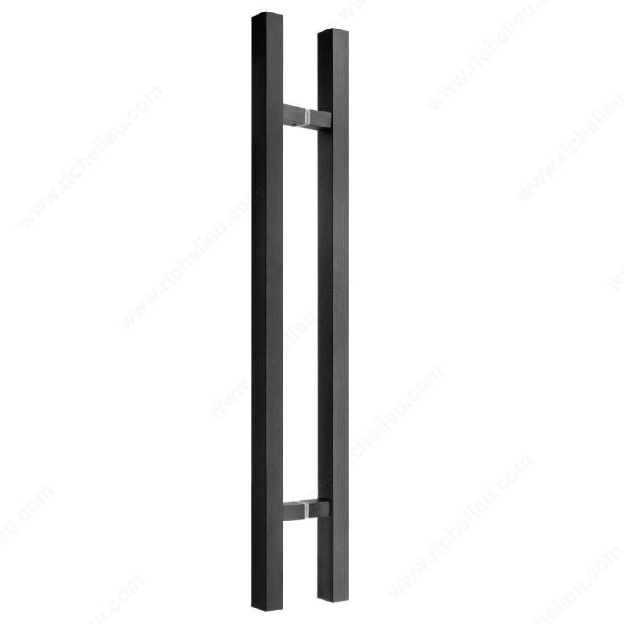 Square Glass Door Handle showing 72 mm projection and M8 screws in Black Stainless Steel