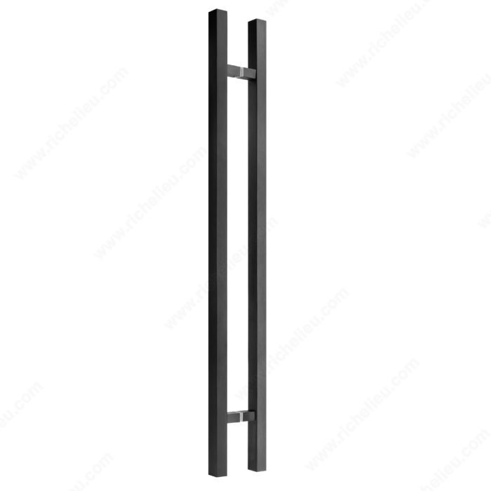 Square Glass Door Handle showing 72 mm projection and M8 screws in Black Stainless Steel