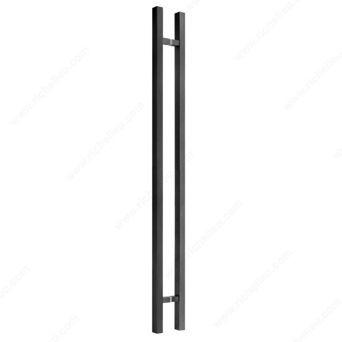 Square Glass Door Handle showing 72 mm projection and M8 screws in Black Stainless Steel