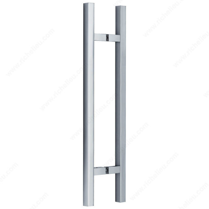 Square Glass Door Handle showing 72 mm projection and M8 screws in Stainless Steel