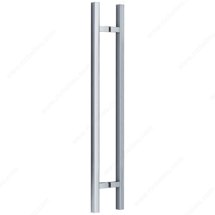 Square Glass Door Handle showing 72 mm projection and M8 screws in Stainless Steel