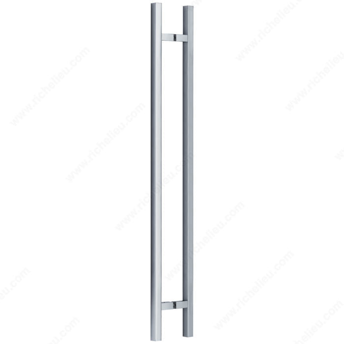 Square Glass Door Handle showing 72 mm projection and M8 screws in Stainless Steel