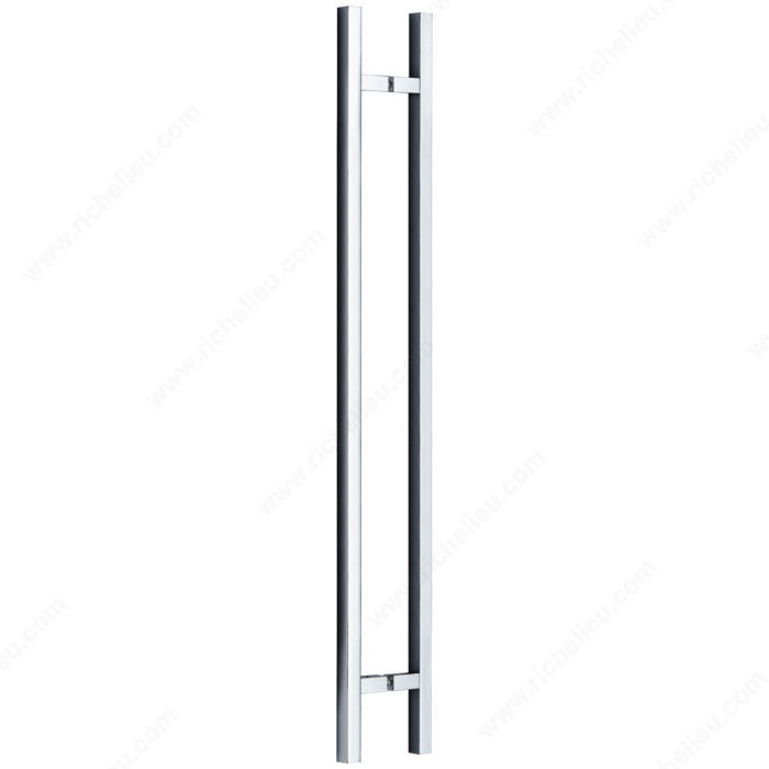 Square Glass Door Handle showing 72 mm projection and M8 screws in Chrome / Polished Stainless Steel
