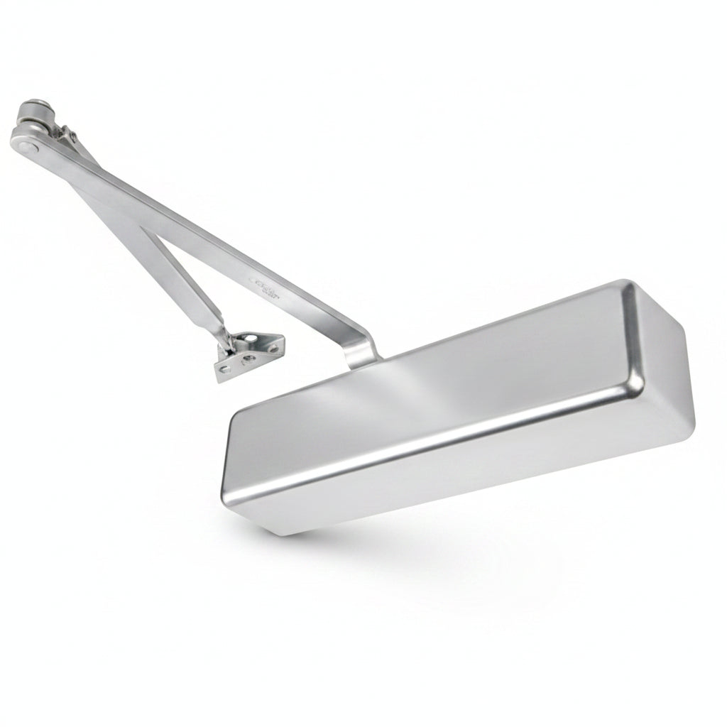A silver metal door stopper with an adjustable arm and mounting bracket, shown on a plain white background.