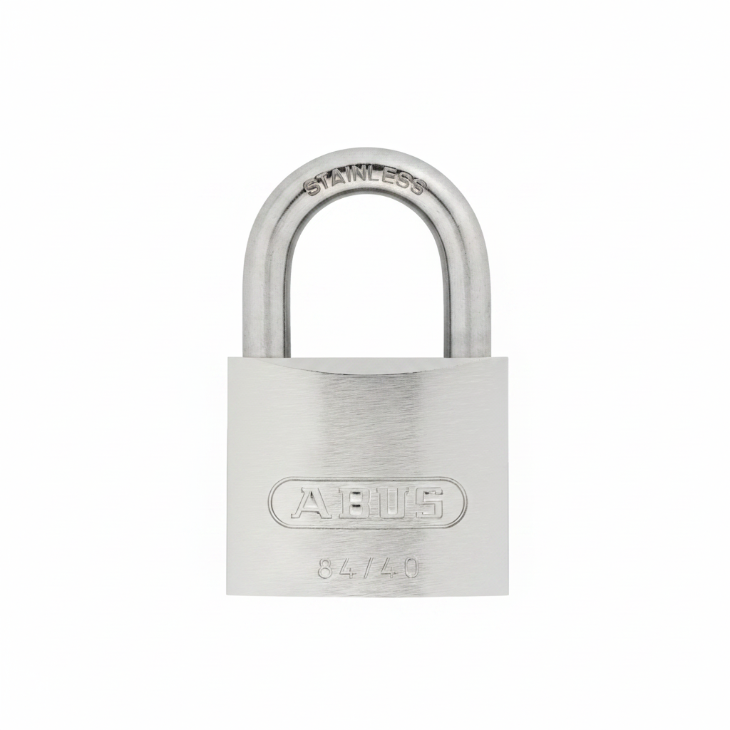 A close-up studio shot of a stainless steel padlock with the brand name 'ABUS' and 'STAINLESS' engraved on the shackle and body, with the model '84/40' below it.