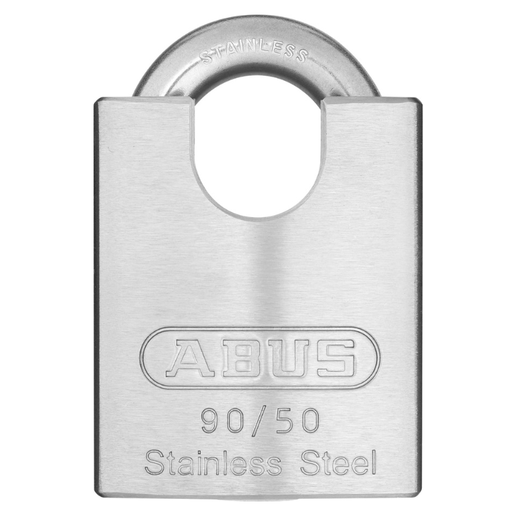 Stainless steel padlock with ABUS branding on a white background