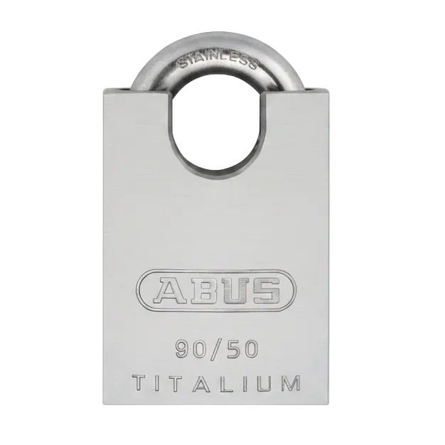 Stainless steel padlock with 'ABUS' branding on a white background