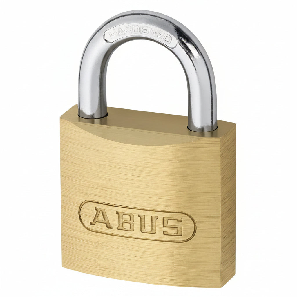 Brass padlock with ABUS branding on a white background
