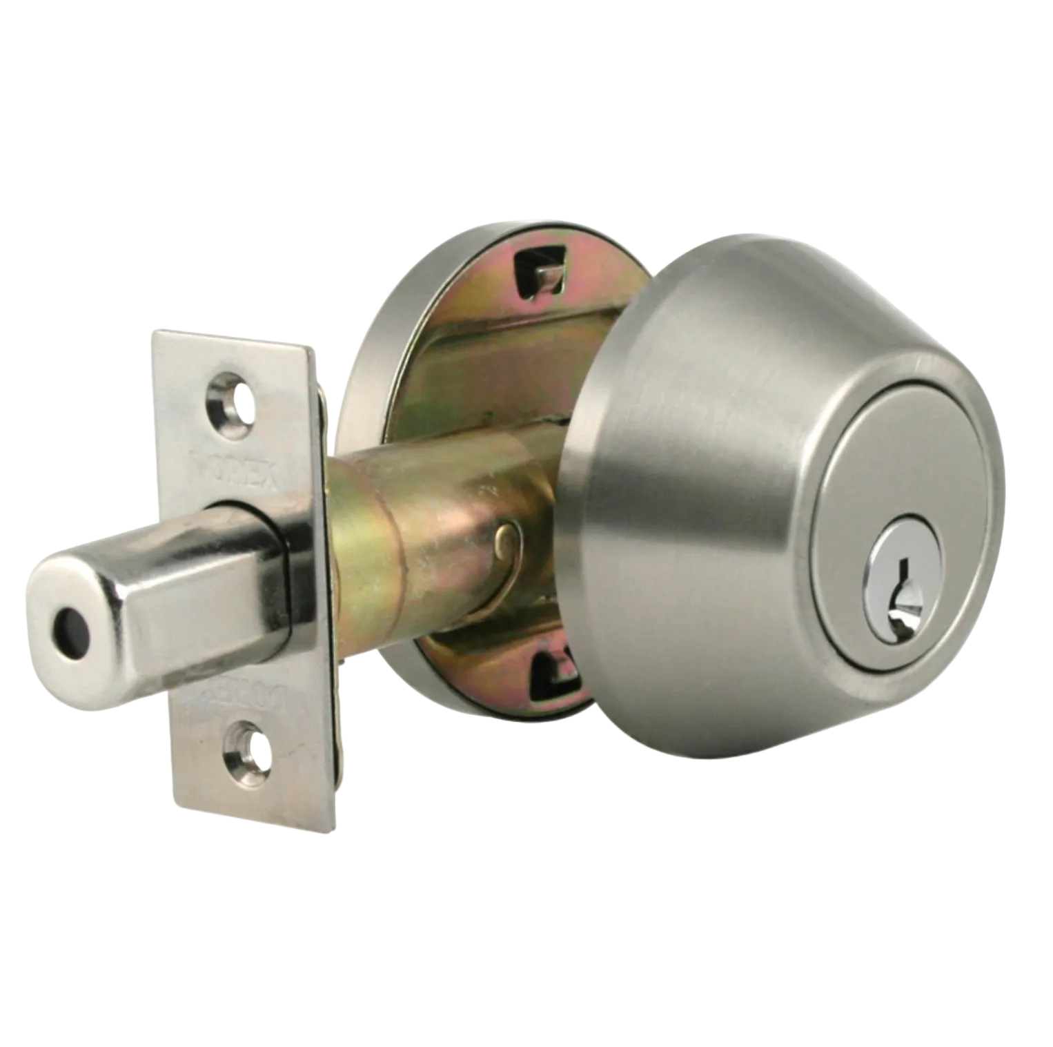 Metal door handle and lock mechanism on a gray background