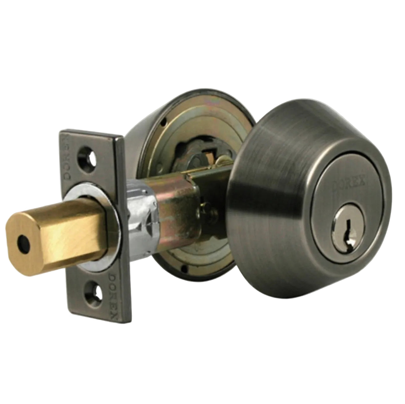 Door lock mechanism with brass and stainless steel components on a light gray background