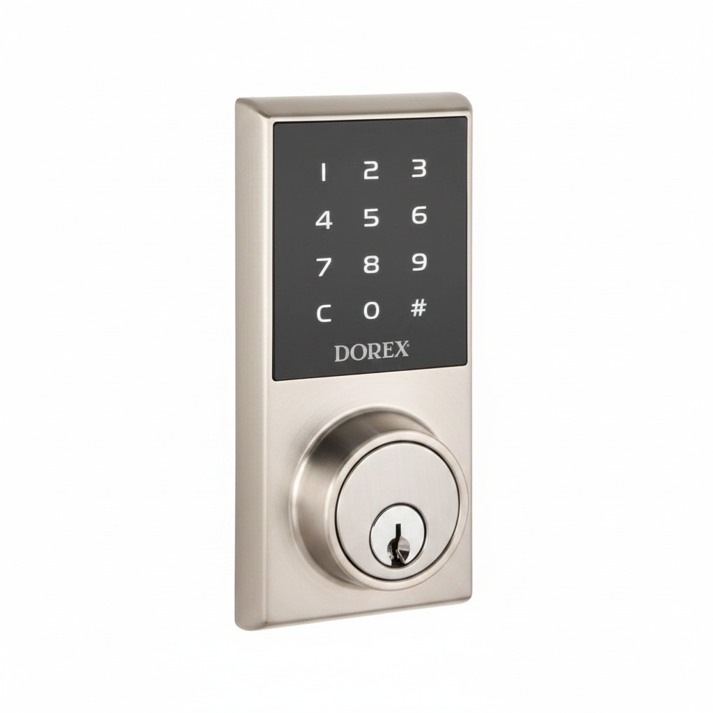 A smart electronic deadbolt lock with a digital keypad, metal body, and a key inserted in the lock.