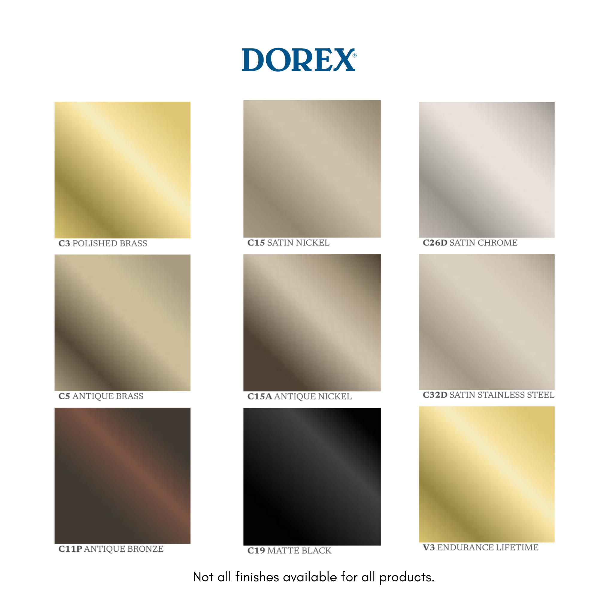 Dorex color swatches with various metal finishes on a white background