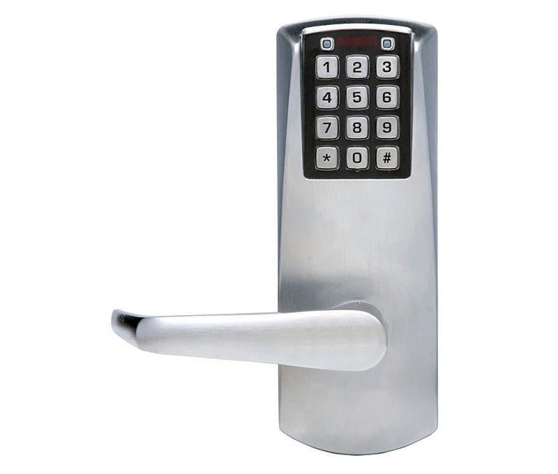 DORMAKABA E‑Plex Push Button Cylindrical Lever – No Key Override, Satin Chrome (E2031LL626 41)