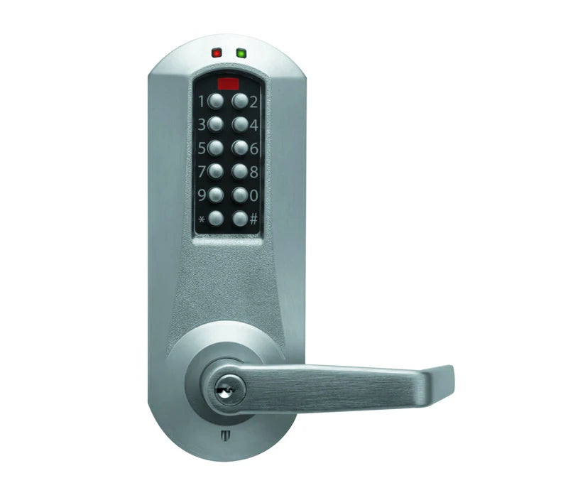 DORMAKABA E‑Plex Cylindrical Push Button Lever Lock – Schlage C Keyway, Satin Chrome (E5031XS WL626 41)
