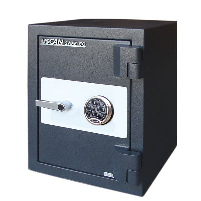 A black digital safe with a white front panel, silver handle, and a round keypad lock. The brand 'USCAN SAFE CO.