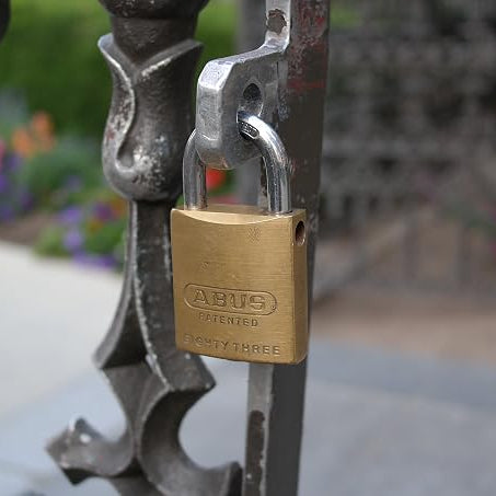 A brass ABUS padlock attached to a dark metal gate in an outdoor setting with blurred flowers in the background.