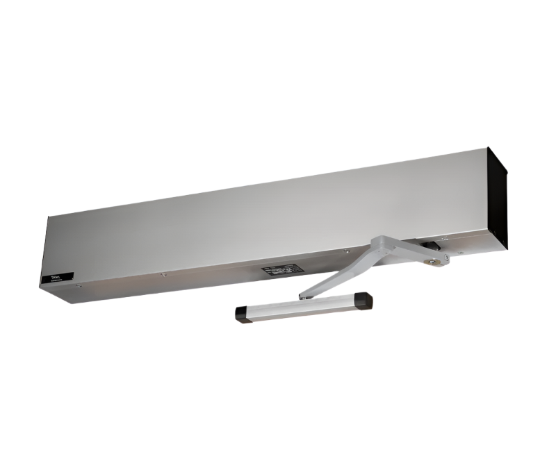 An automatic door operator by Hunter - Ditec, mounted on a door, primarily metallic in color.