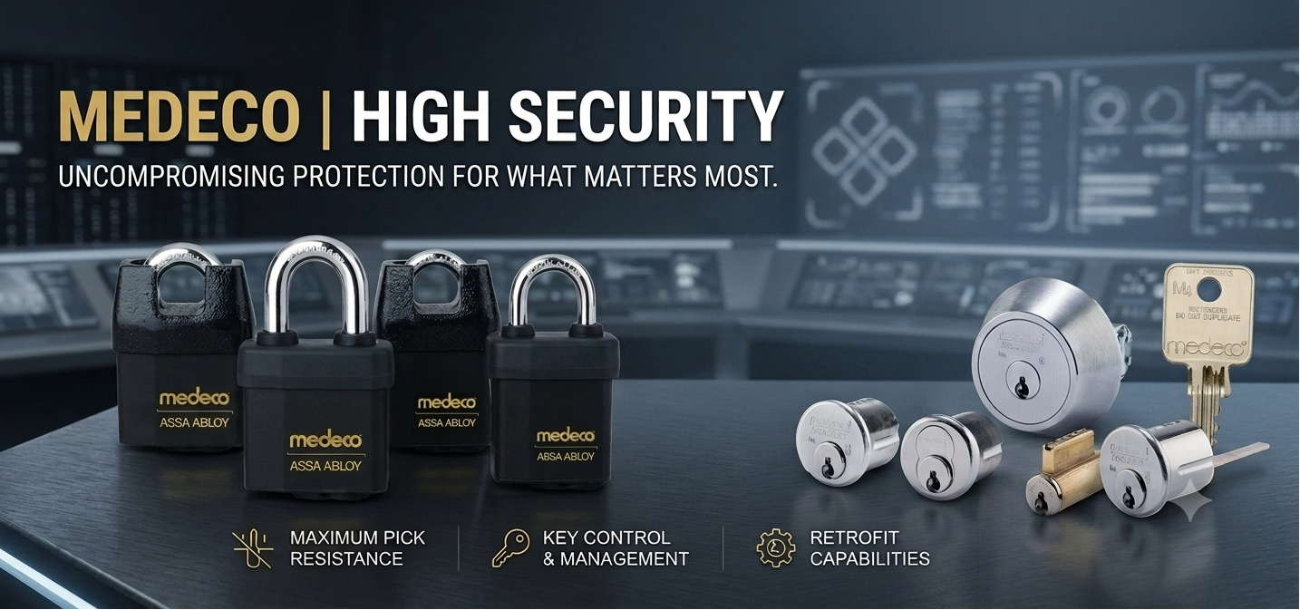 A promotional product shot for Medeco high-security locks and deadbolts. Three black Medeco 6000 Series padlocks are shown in the center, with several silver and brass deadbolts and keys arranged on a dark tabletop to the right.