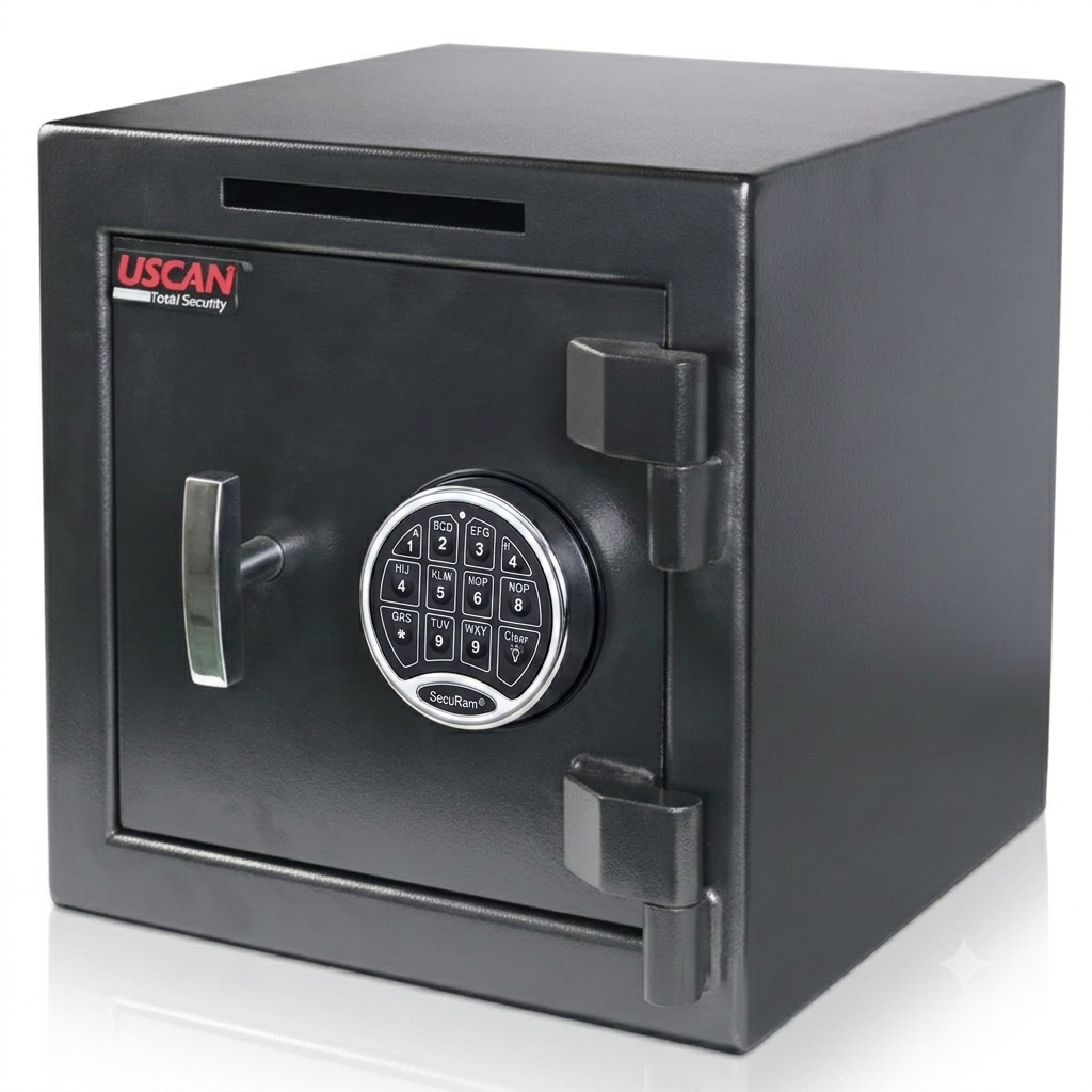 A black USCAN electronic safe with a digital keypad lock, side lever handle, and a coin slot on top, shown on a white background with a soft reflection.