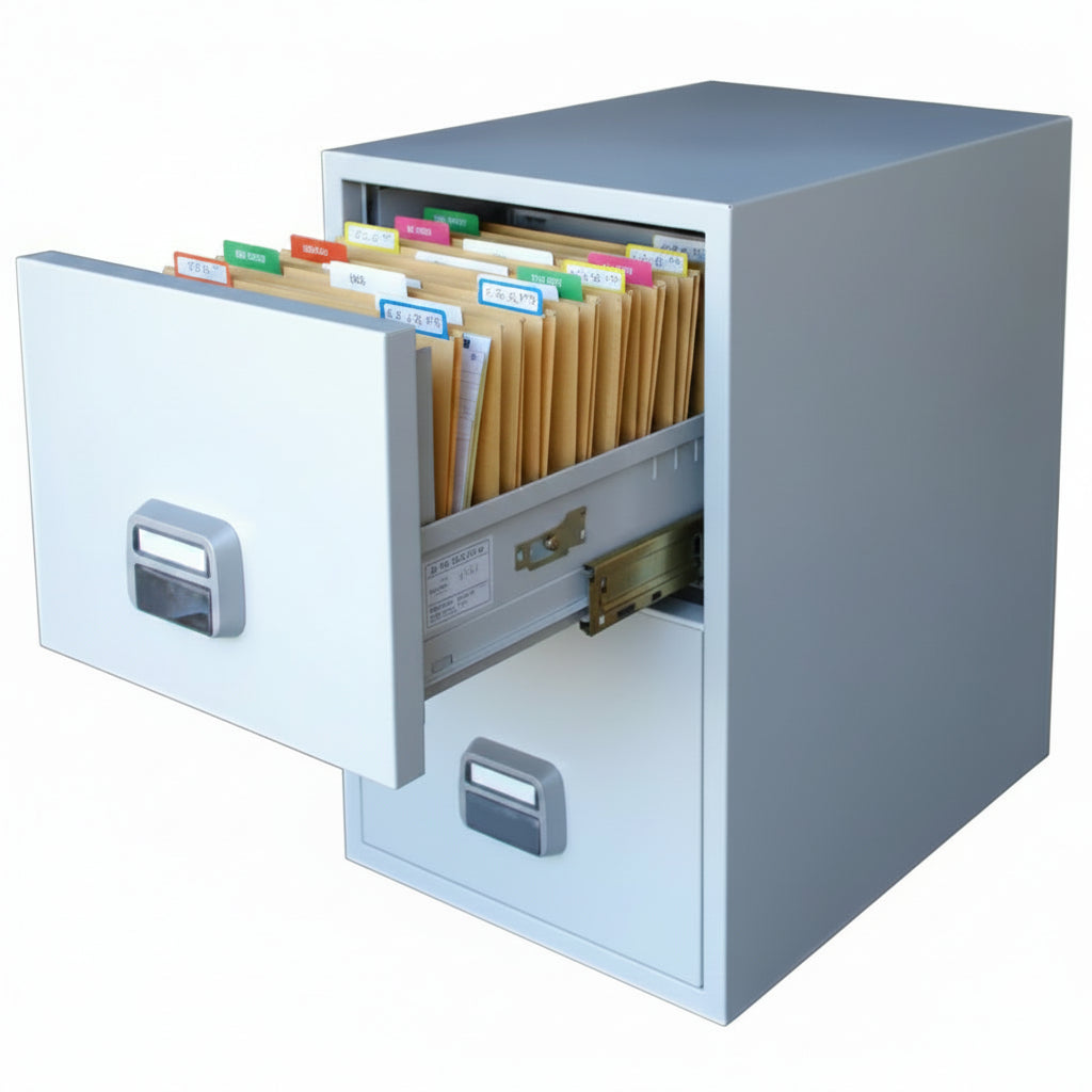 A light gray metal safe with its top door open, showing an interior lockbox and a partially extended drawer. The safe has silver handles and a small SP logo on the lower right.