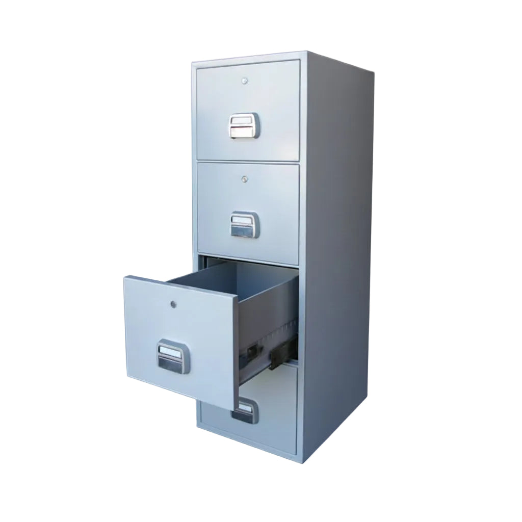 A tall three-drawer metal filing cabinet with the bottom drawer pulled open, shown on a plain white background. The cabinet has a light gray/silver finish and a small logo plate at the top left.