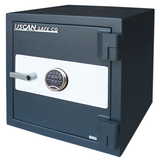 A dark gray Uscan Safe Co electronic digital safe with a white front panel, silver handle, and circular keypad lock, shown on a plain white background.