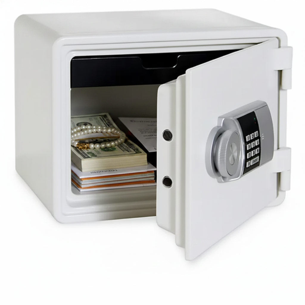 Interior view of UC-1958E safe showing storage tray and programmable codes
