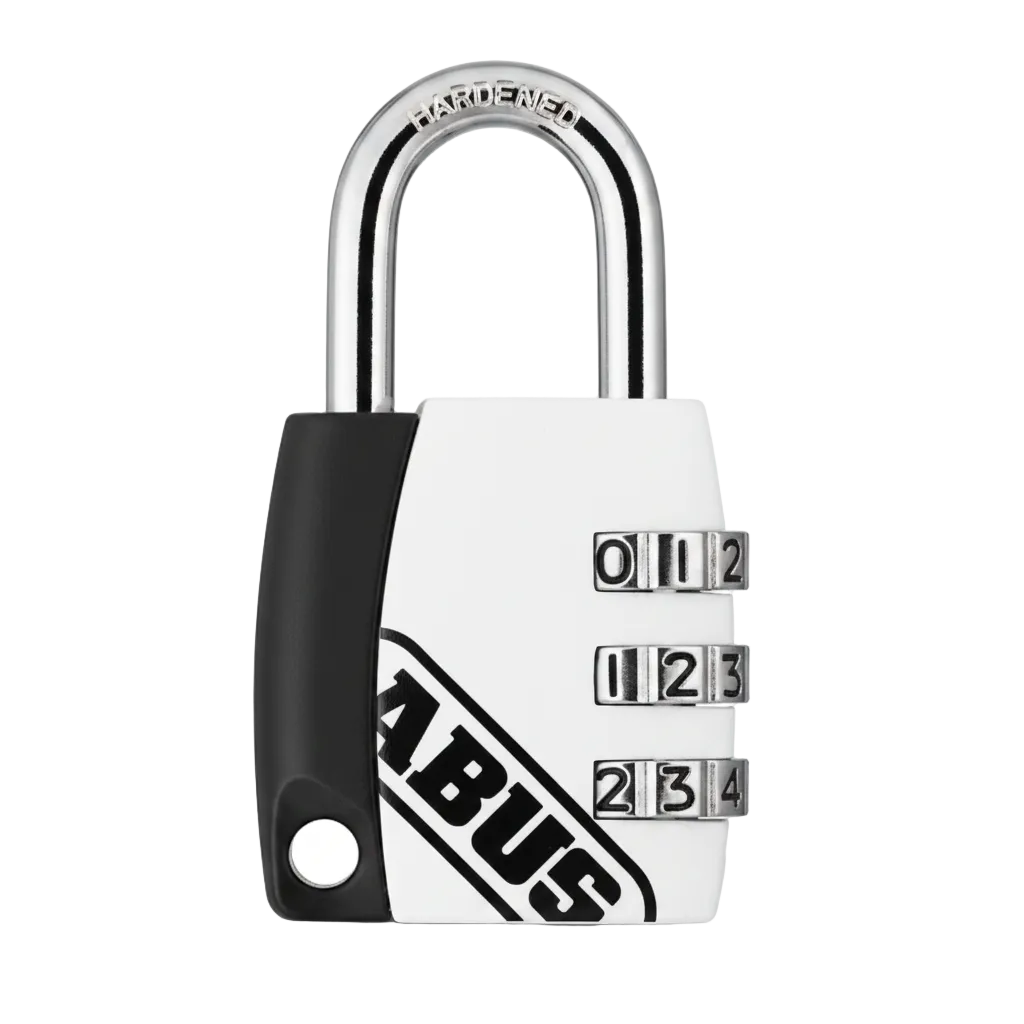 A combination padlock with a white body, black handle, silver shackle, and three numeric dials, shown on a plain white background.